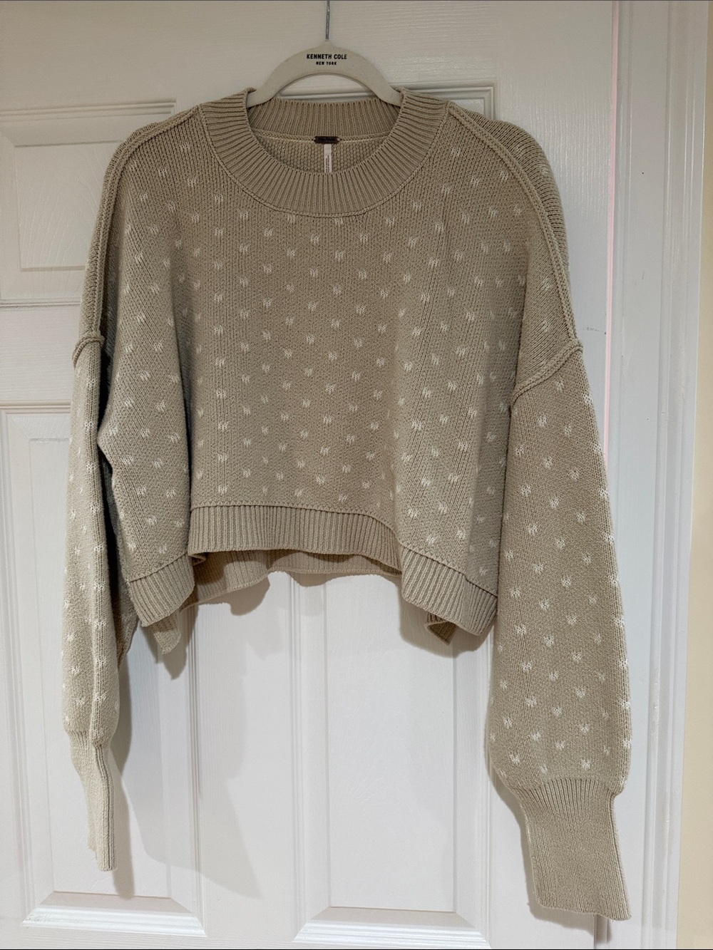 Free People Beige Cropped Crewneck Sweater